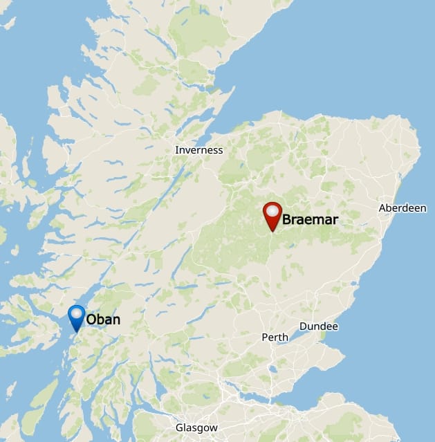Karte von Schottland mit Braemar in den Cairngorms und Oban an der Westküste