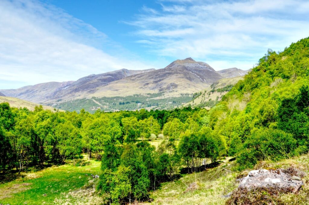 Bäume im Tal, kahle Hügel und Gipfel - Der Wind in Schottland hat enorme Kraft
