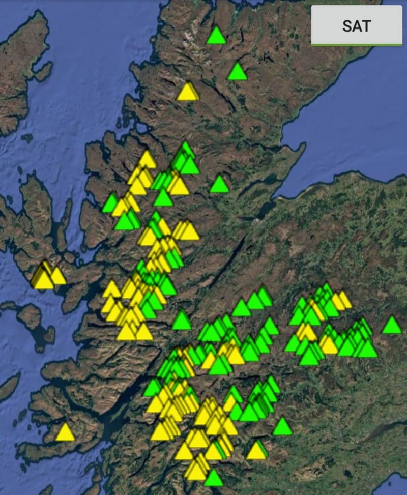 Munro-Bagging-Liste veranschaulicht auf einer Schottland-Karte mit gelben Bergen, die noch gebaggt werden müssen und grünen, die schon abgehakt sind